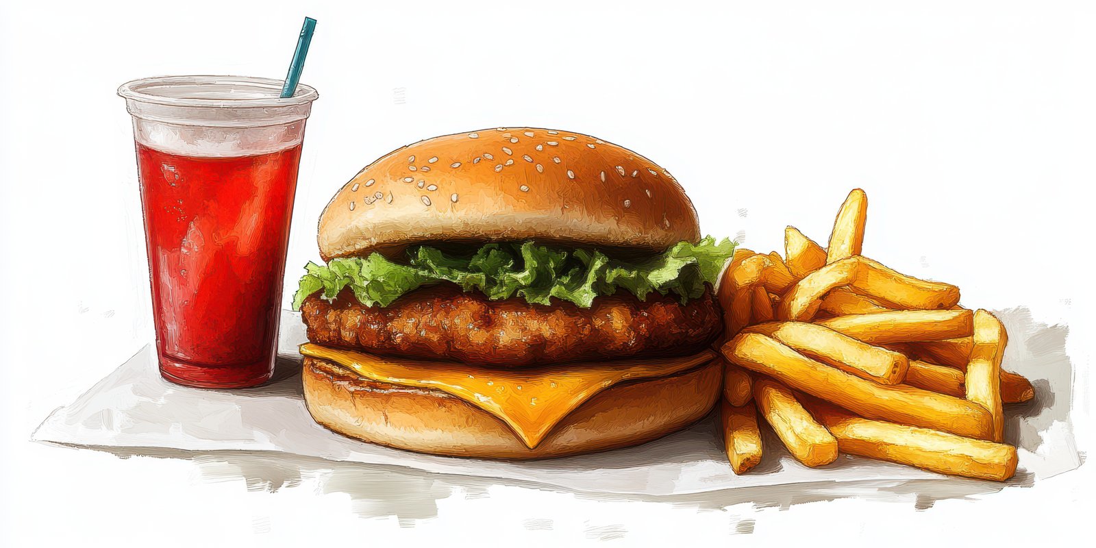 Delicious chicken burger with lettuce, cheese, and crispy fries alongside a refreshing drink for quick lunch